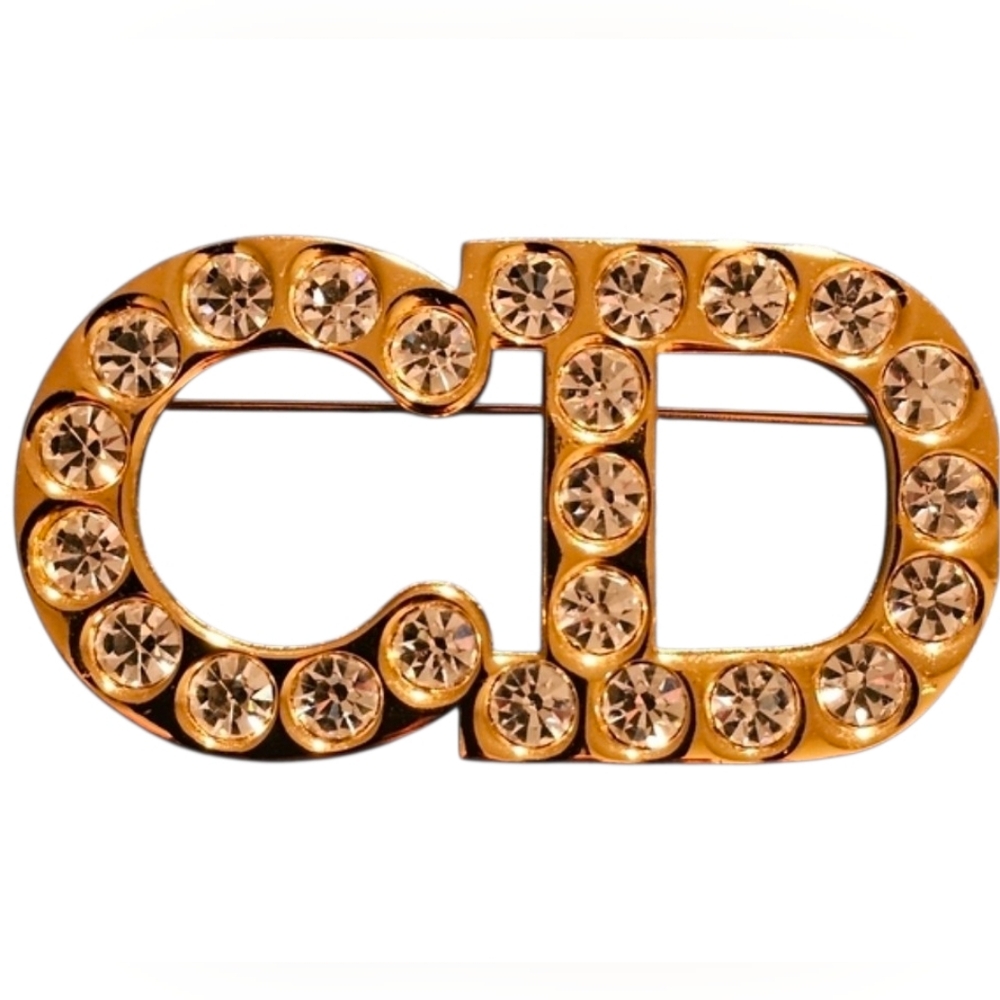 Vintage CHRISTIAN DIOR Signed Brooch Pin Gold-Tone Clear White Crystals EUC